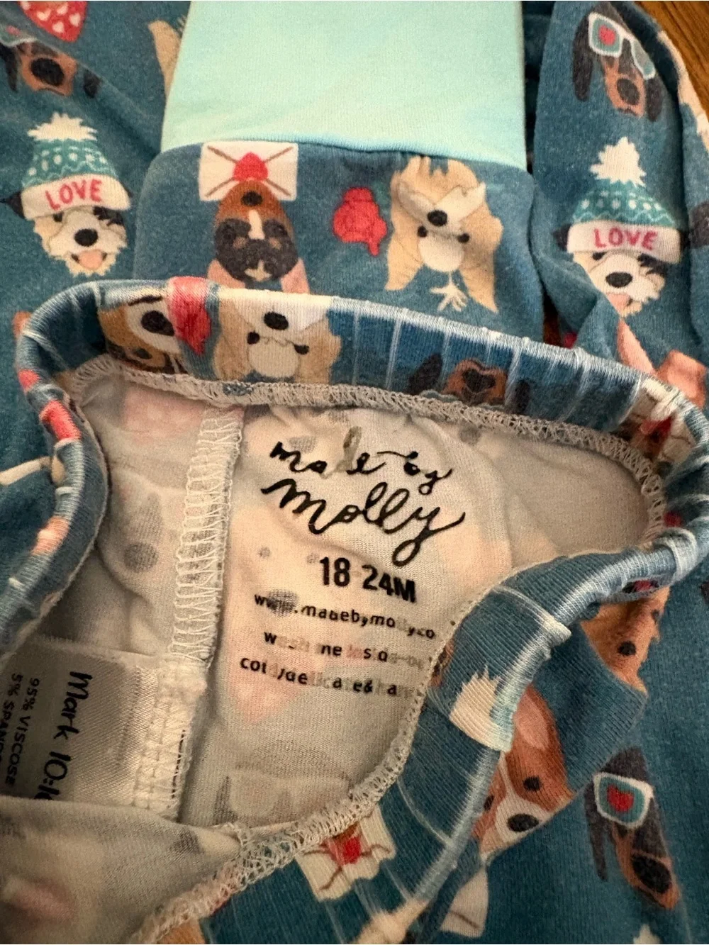 Blue Kids Pajama Set with Dog Faces and Mint Trim